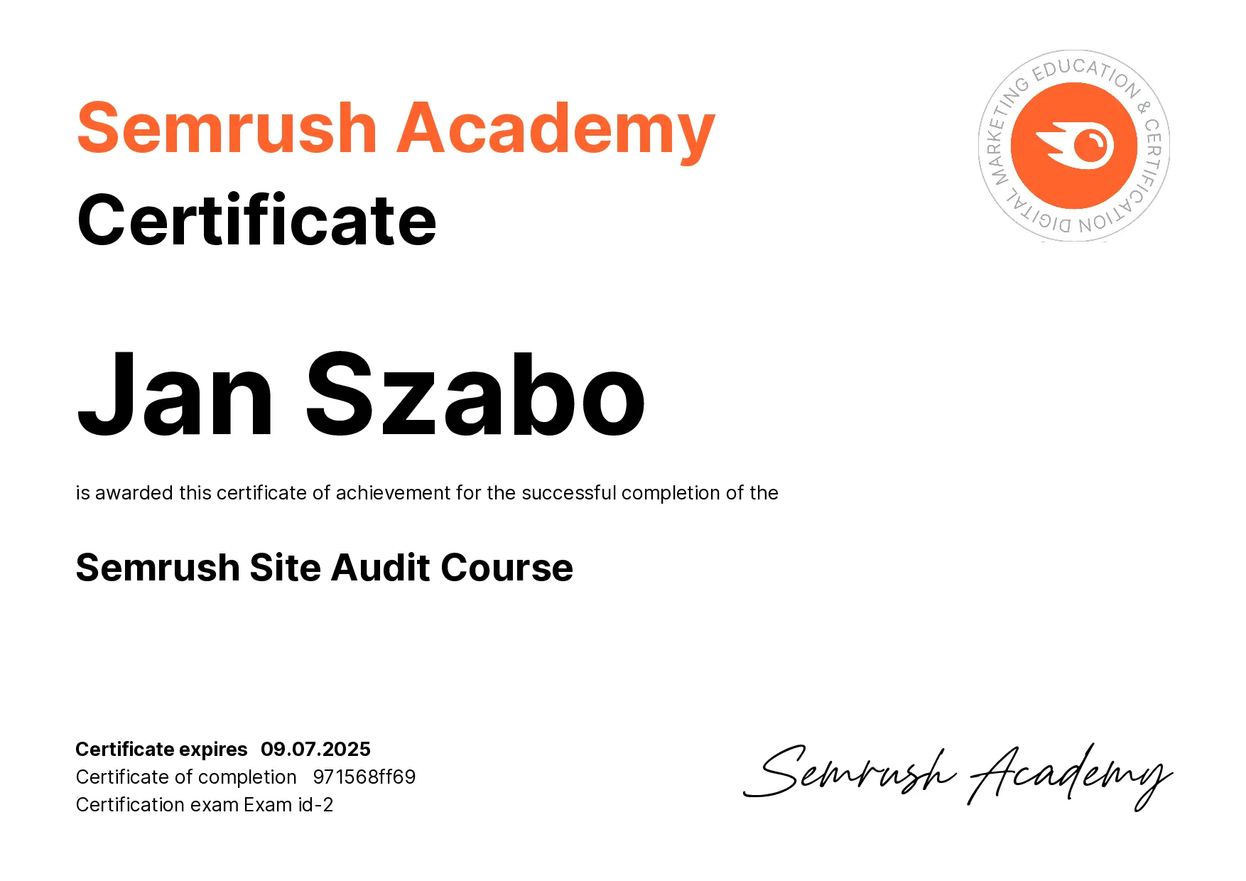 Semrush Academy - Site Audit Certification for Jan Szabo