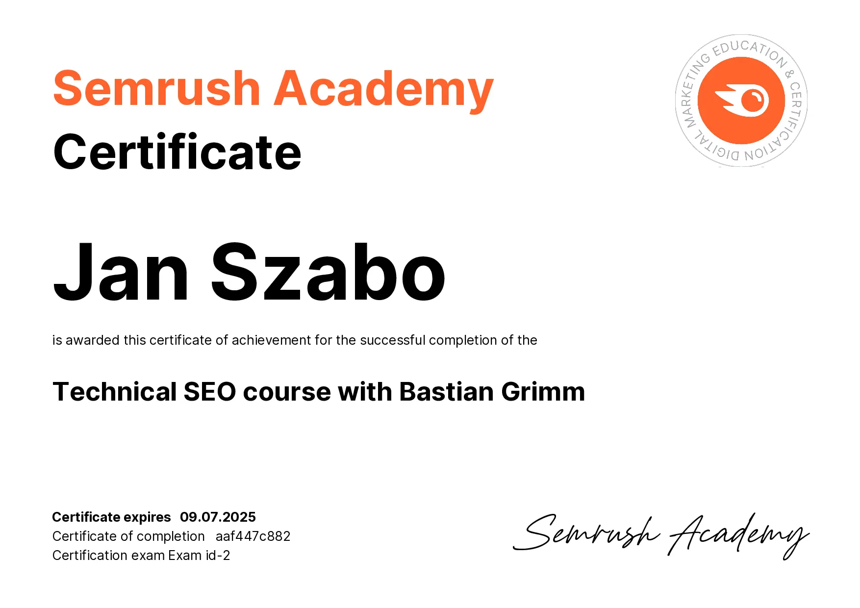 Semrush Academy - Technical SEO Certification for Jan Szabo