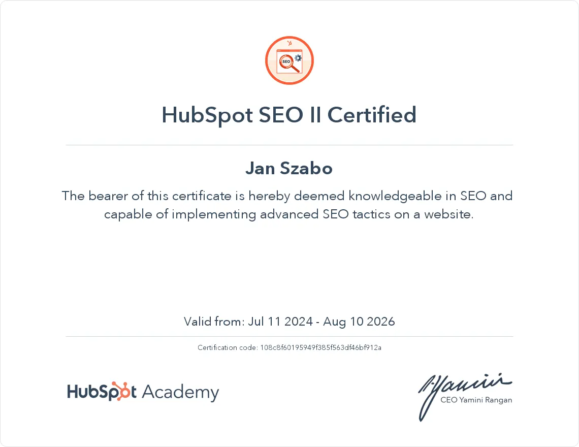 HubSpot Academy - SEO II Certification for Jan Szabo