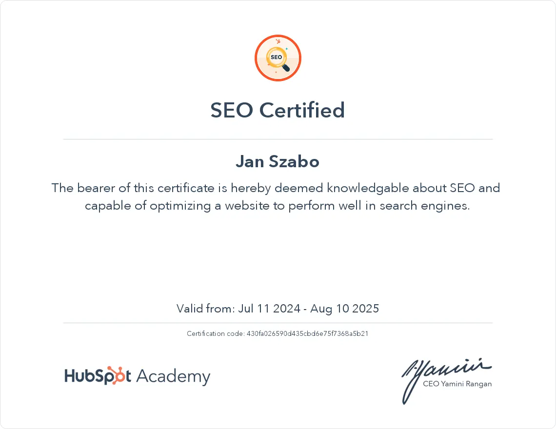 HubSpot Academy - SEO Certification for Jan Szabo