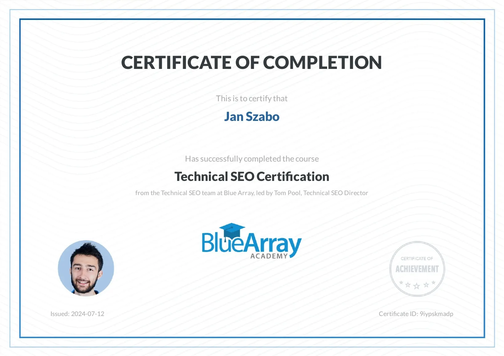 Blue Array Academy - Technical SEO Certification for Jan Szabo