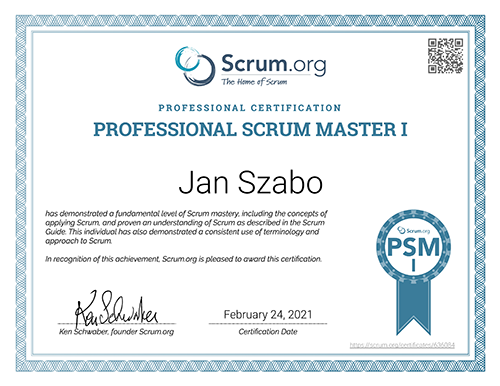 Scrum.org - Professional Scrum Master I Certification for Jan Szabo
