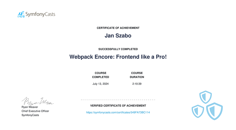SymfonyCasts - Webpack Encore: Frontend like a Pro! Certification for Jan Szabo